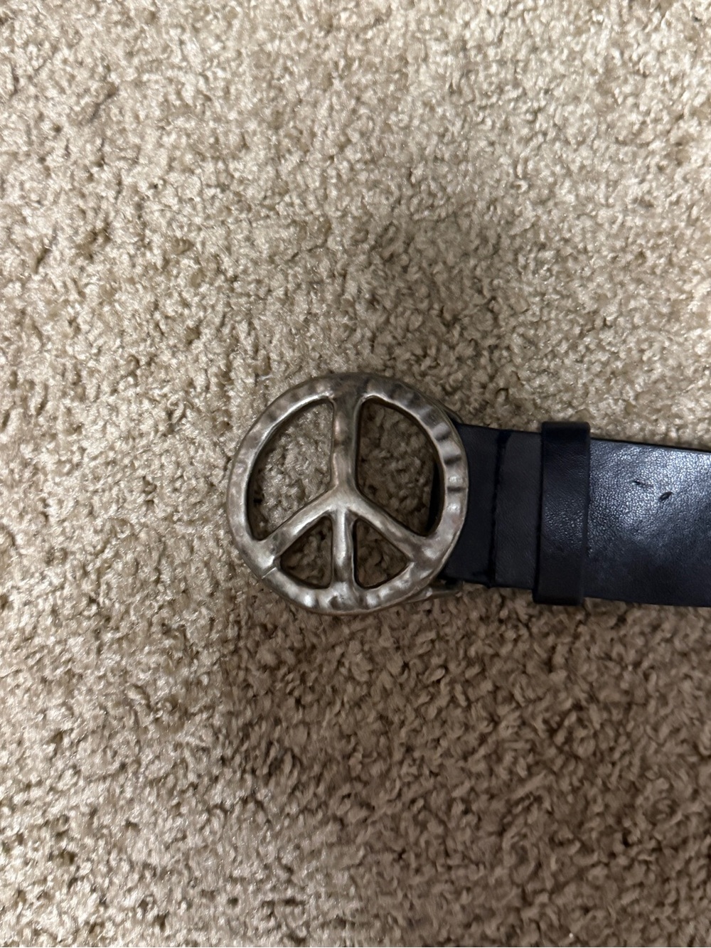 Peace Sign Buckle Black Leather Belt